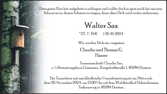 Traueranzeige von Walter Sax von Ruhr Nachrichten und Dorstener Zeitung