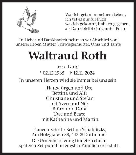 Traueranzeige von Waltraud Roth von Ruhr Nachrichten