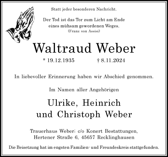 Traueranzeige von Waltraud Weber von Trauer Vest