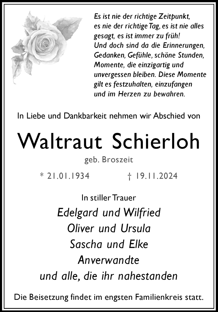  Traueranzeige für Waltraut Schierloh vom 30.11.2024 aus Trauer Vest