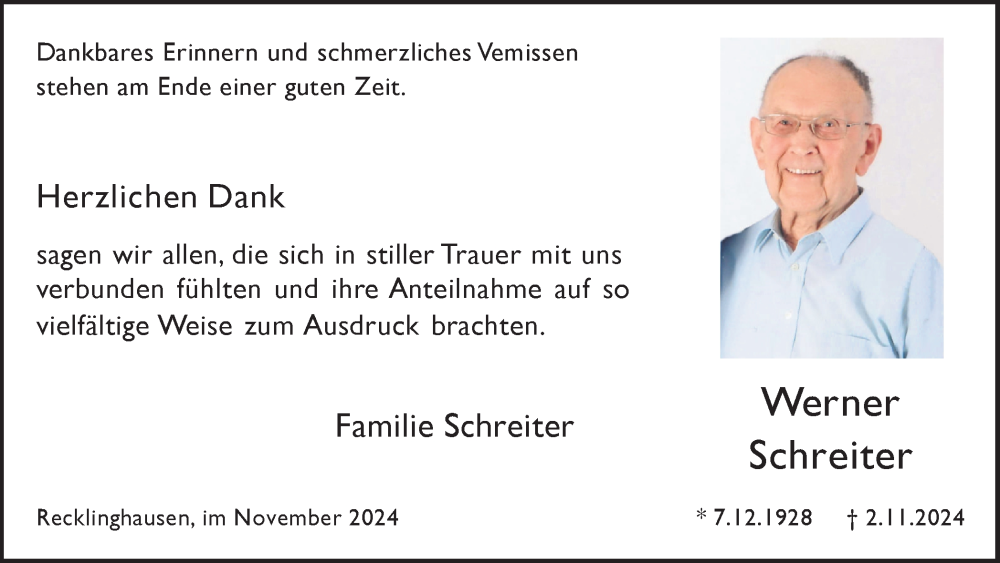  Traueranzeige für Werner Schreiter vom 30.11.2024 aus Trauer Vest