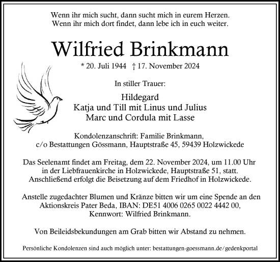 Traueranzeige von Wilfried Brinkmann von Hellweger Anzeiger