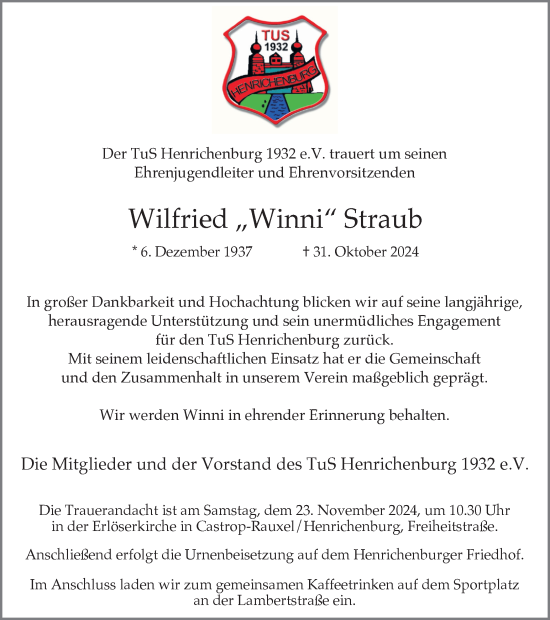 Traueranzeige von Wilfried Straub von Stadtanzeiger Castrop-Rauxel