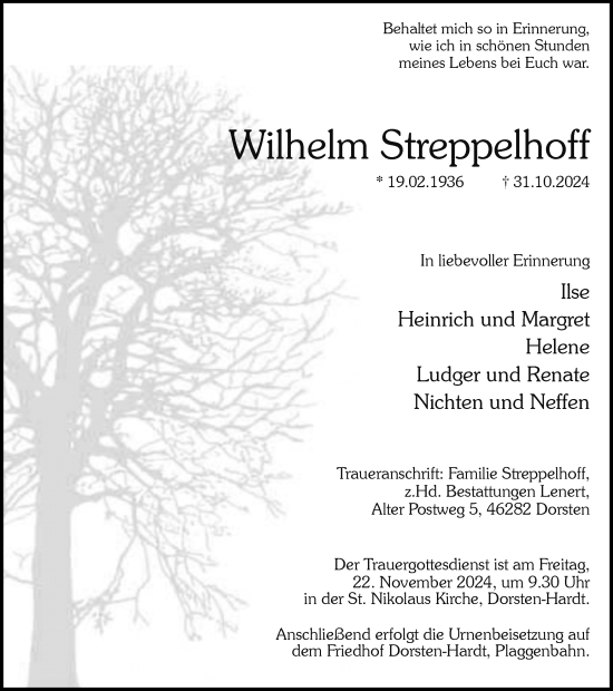 Traueranzeige von Wilhelm Streppelhoff von Ruhr Nachrichten und Dorstener Zeitung