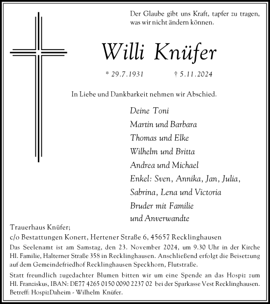 Traueranzeige von Willi Knüfer von Trauer Vest