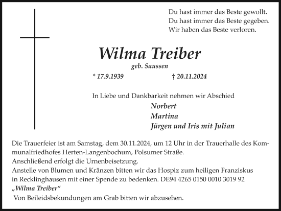 Traueranzeige von Wilma Treiber von Trauer Vest