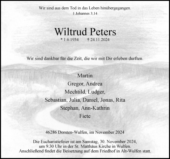 Traueranzeige von Wiltrud Peters von Ruhr Nachrichten und Dorstener Zeitung