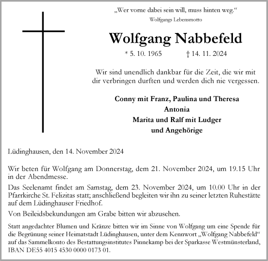 Traueranzeige von Wolfgang Nabbefeld von Ruhr Nachrichten