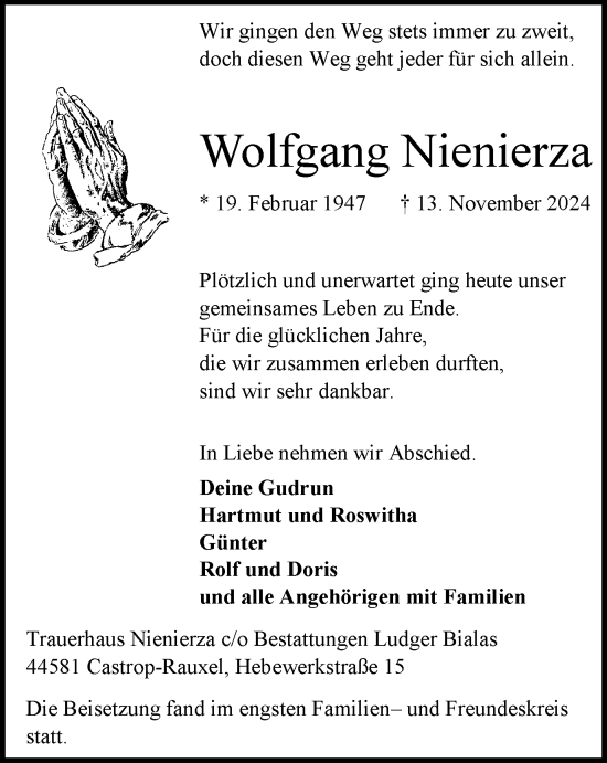 Traueranzeige von Wolfgang Nienierza von Stadtanzeiger Castrop-Rauxel
