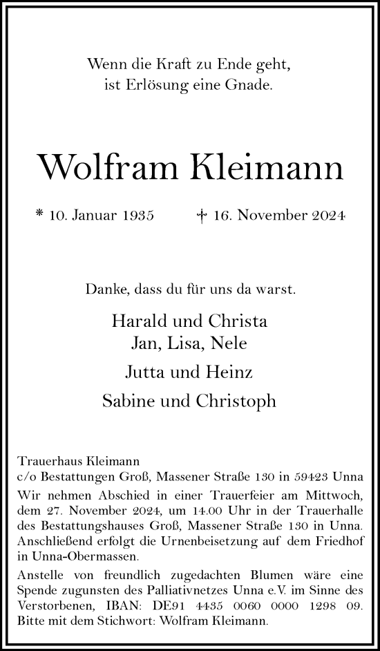 Traueranzeige von Wolfram Kleimann von Hellweger Anzeiger