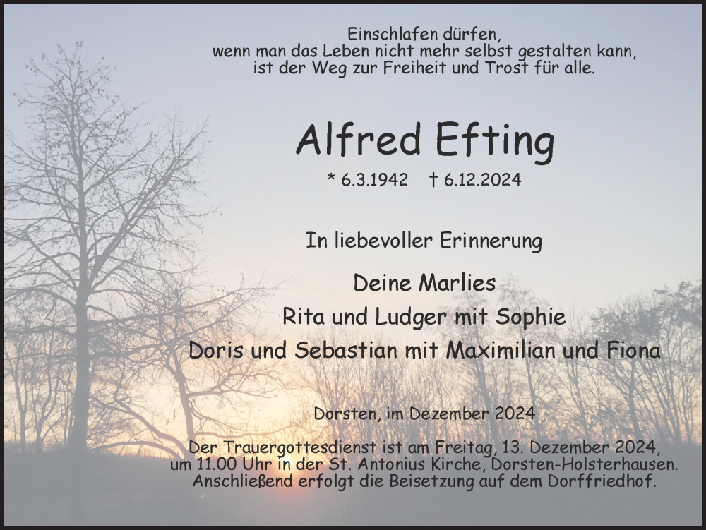  Traueranzeige für Alfred Efting vom 10.12.2024 aus Ruhr Nachrichten und Dorstener Zeitung