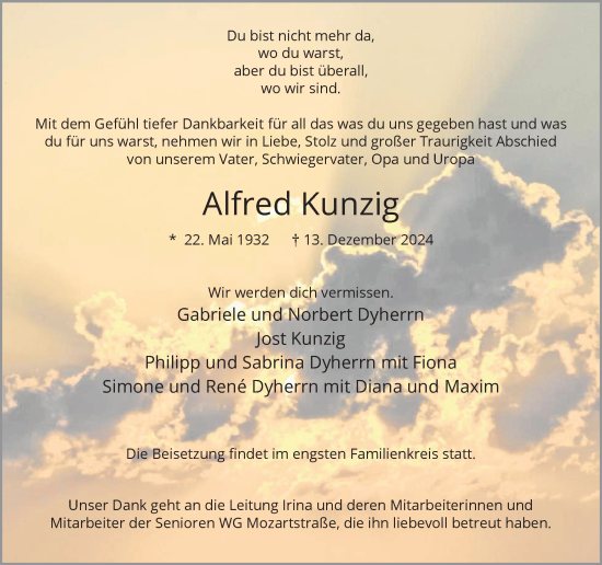 Traueranzeige von Alfred Kunzig von Hellweger Anzeiger