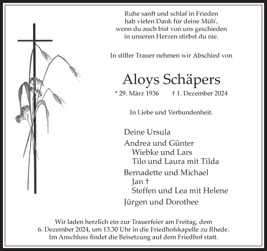 Traueranzeige von Aloys Schäpers von Bocholter-Borkener Volksblatt