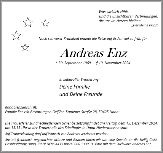 Traueranzeige von Andreas Enz von Hellweger Anzeiger