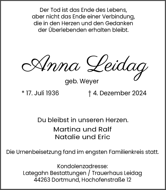 Traueranzeige von Anna Leidag von Ruhr Nachrichten