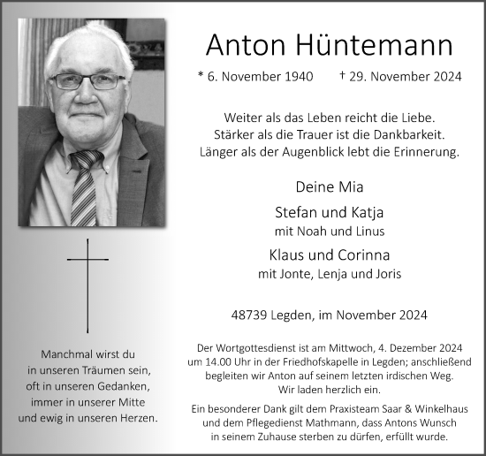 Traueranzeige von Anton Hüntemann von Münsterland Zeitung