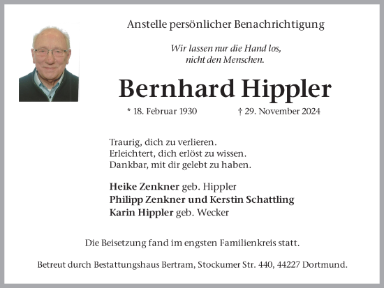 Traueranzeige von Bernhard Hippler von Ruhr Nachrichten