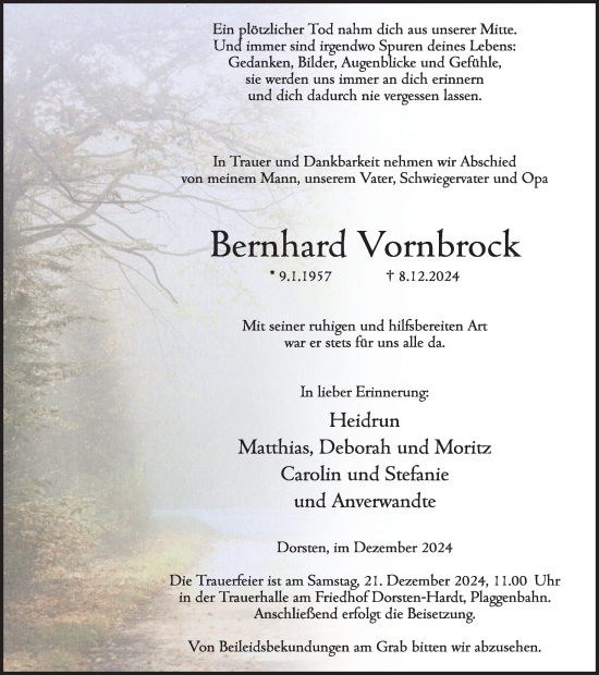 Traueranzeige von Bernhard Vornbrock von Ruhr Nachrichten und Dorstener Zeitung