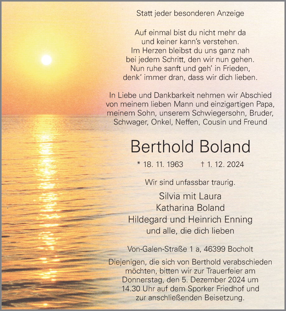  Traueranzeige für Berthold Boland vom 03.12.2024 aus Bocholter-Borkener Volksblatt