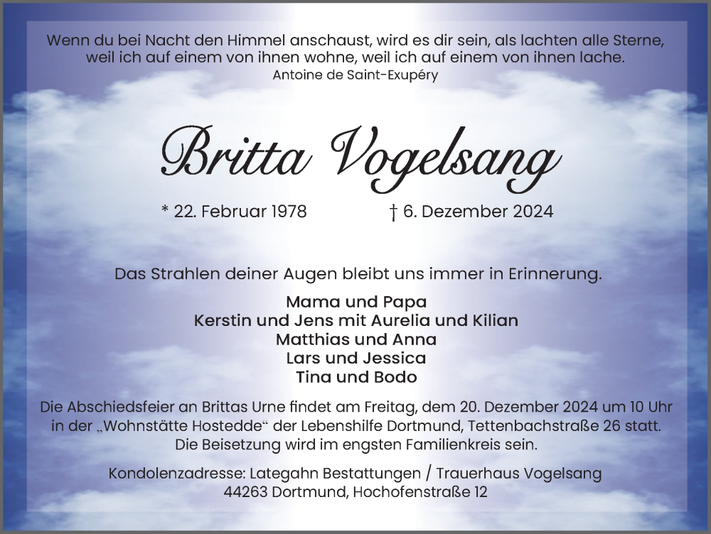  Traueranzeige für Britta Vogelsang vom 14.12.2024 aus Ruhr Nachrichten