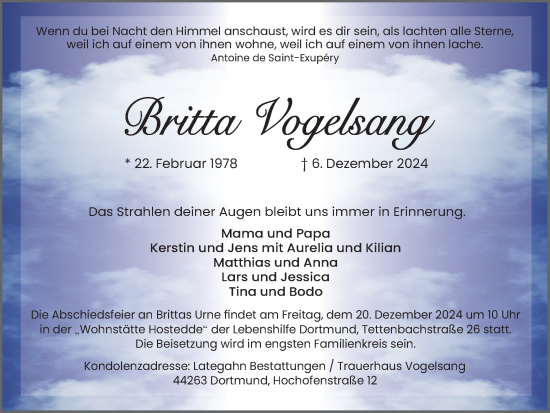 Traueranzeige von Britta Vogelsang von Ruhr Nachrichten