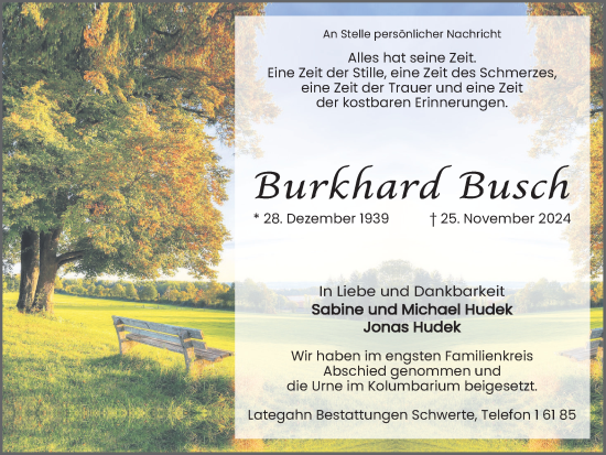 Traueranzeige von Burkhard Busch von Ruhr Nachrichten