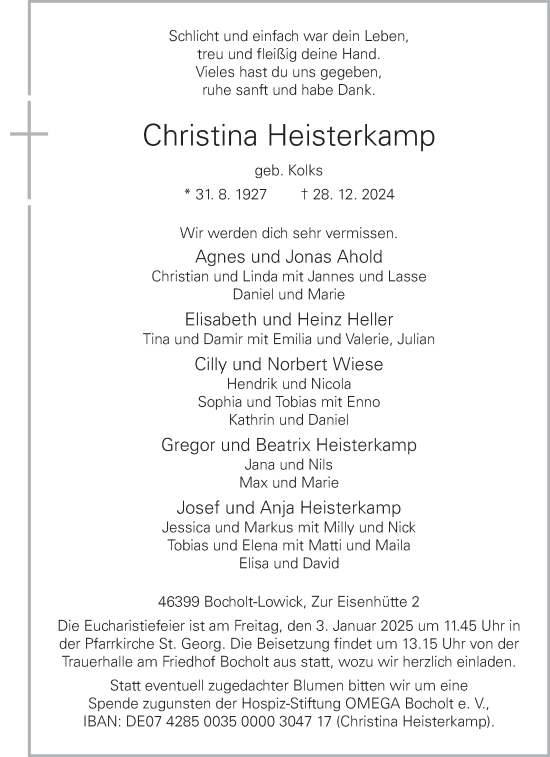 Traueranzeige von Christina Heisterkamp von Bocholter-Borkener Volksblatt