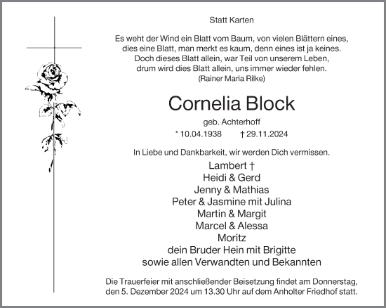 Traueranzeige von Cornelia Block von Bocholter-Borkener Volksblatt