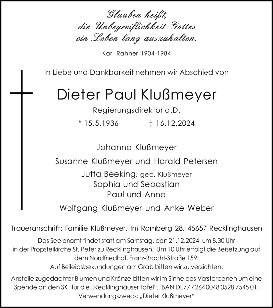 Traueranzeige von Dieter Paul Klußmeyer von Trauer Vest