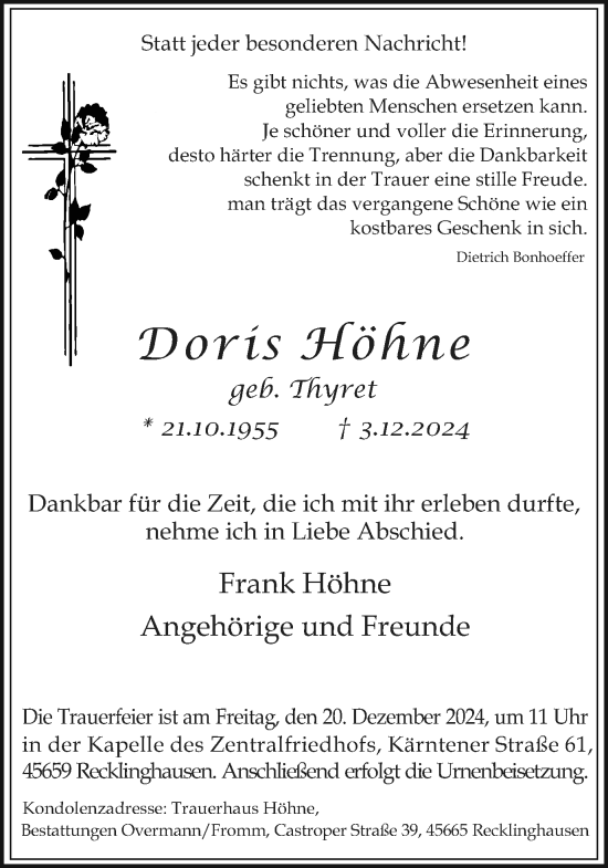 Traueranzeige von Doris Höhne von Trauer Vest