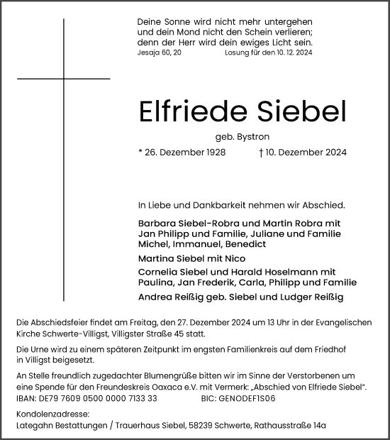 Traueranzeige von Elfriede Siebel von Ruhr Nachrichten