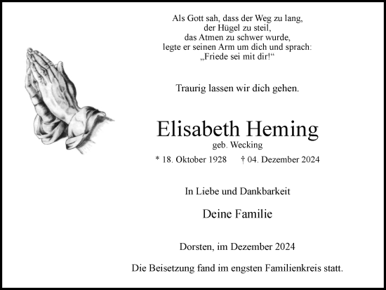 Traueranzeige von Elisabeth Heming von Ruhr Nachrichten und Dorstener Zeitung