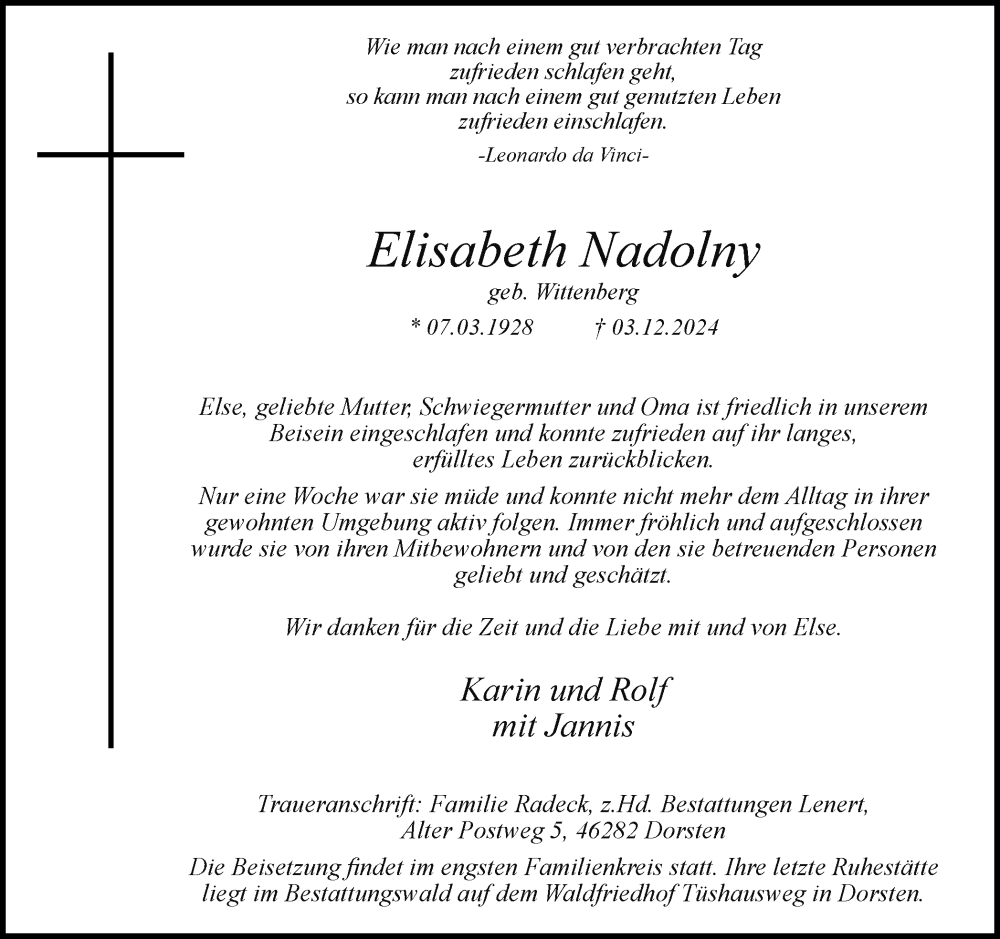  Traueranzeige für Elisabeth Nadolny vom 06.12.2024 aus Ruhr Nachrichten und Dorstener Zeitung