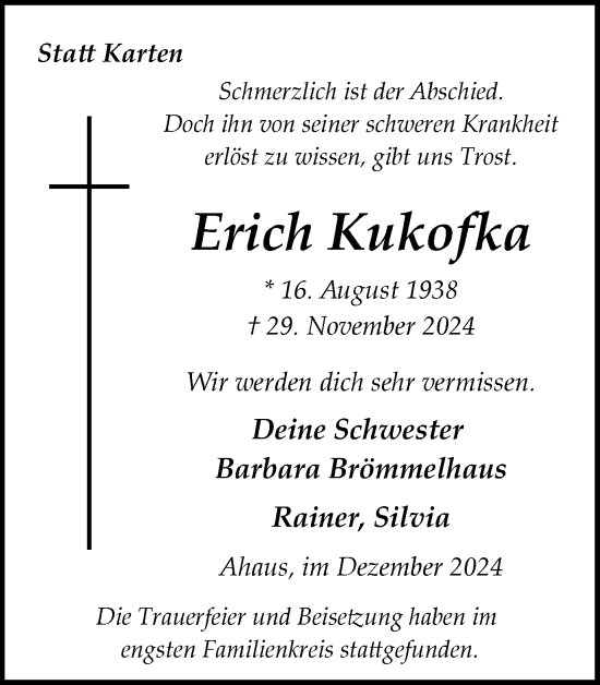 Traueranzeige von Erich Kukofka von Münsterland Zeitung