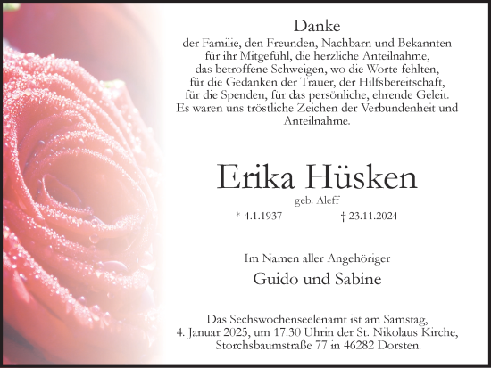 Traueranzeige von Erika Hüsken von Ruhr Nachrichten und Dorstener Zeitung