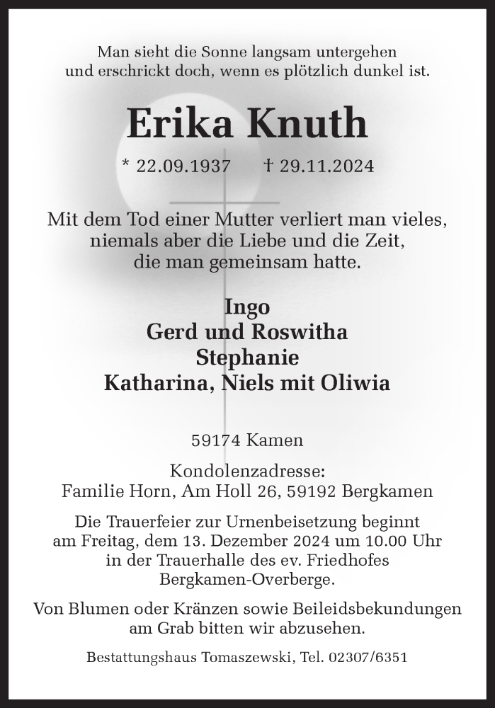  Traueranzeige für Erika Knuth vom 07.12.2024 aus Hellweger Anzeiger