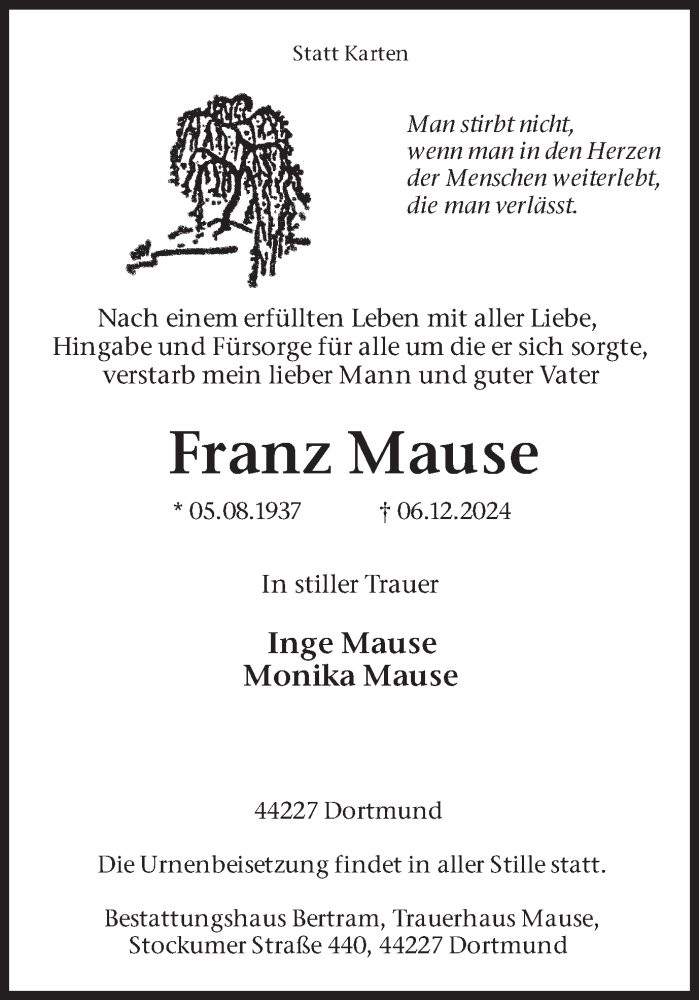  Traueranzeige für Franz Mause vom 14.12.2024 aus Ruhr Nachrichten