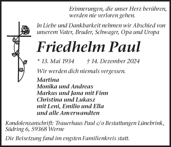 Traueranzeige von Friedhelm Paul von Ruhr Nachrichten