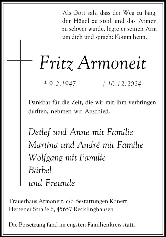 Traueranzeige von Fritz Armoneit von Trauer Vest
