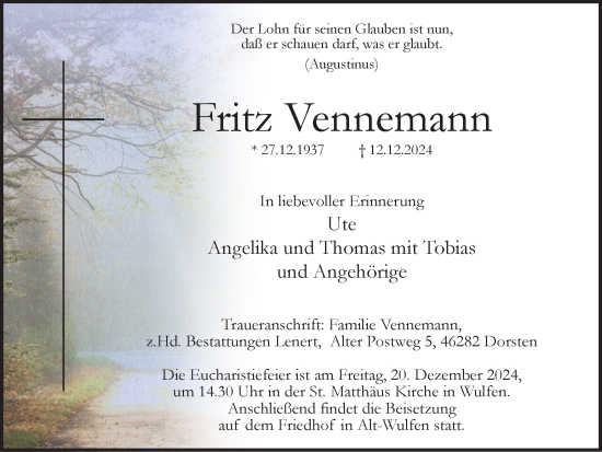 Traueranzeige von Fritz Vennemann von Ruhr Nachrichten und Dorstener Zeitung