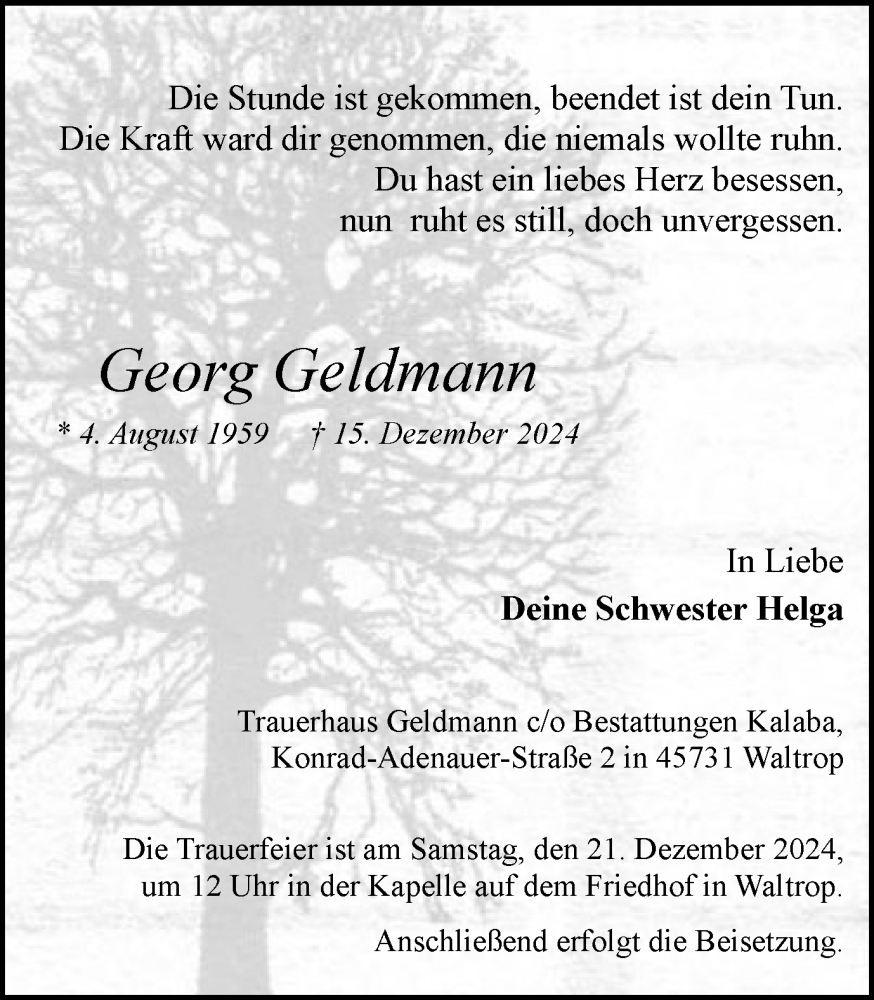  Traueranzeige für Georg Geldmann vom 18.12.2024 aus Trauer Vest