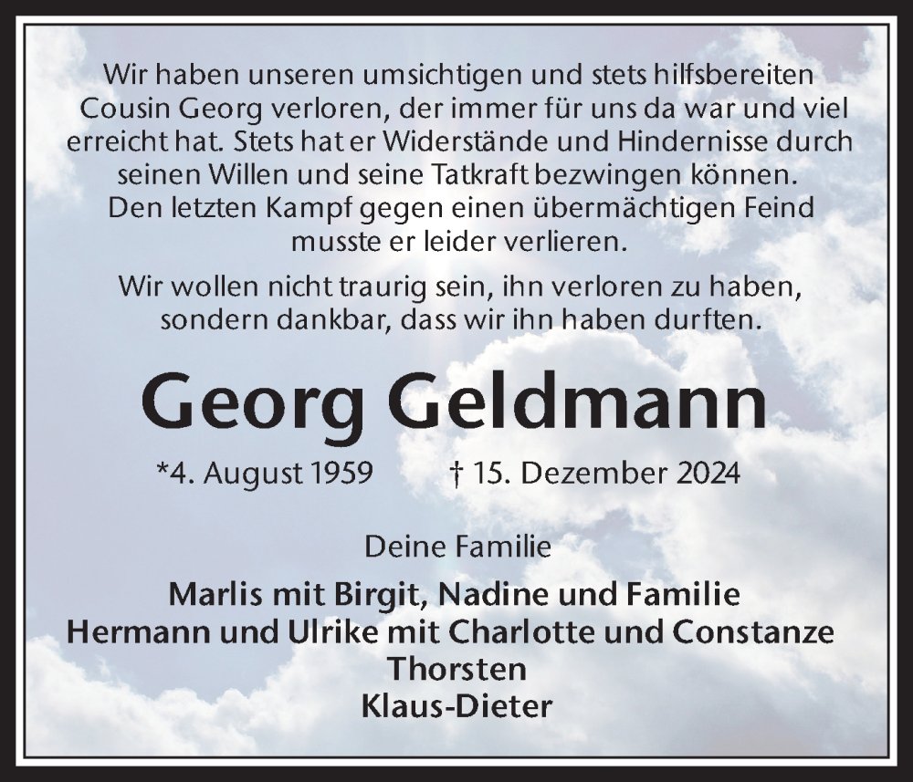  Traueranzeige für Georg Geldmann vom 21.12.2024 aus Trauer Vest