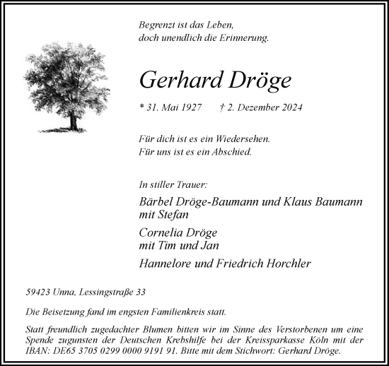 Traueranzeige von Gerhard Dröge von Hellweger Anzeiger