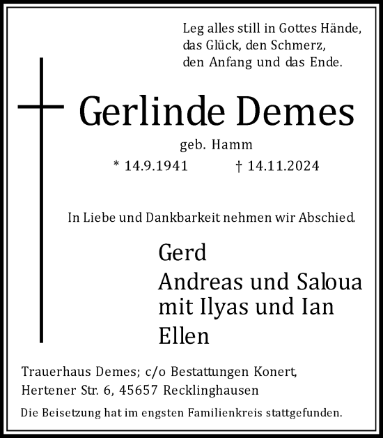 Traueranzeige von Gerlinde Demes von Trauer Vest