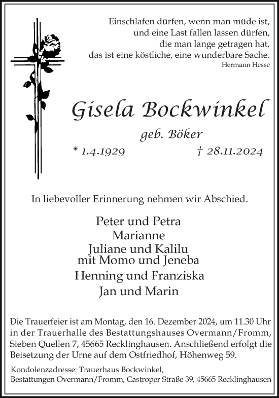 Traueranzeige von Gisela Bockwinkel von Trauer Vest