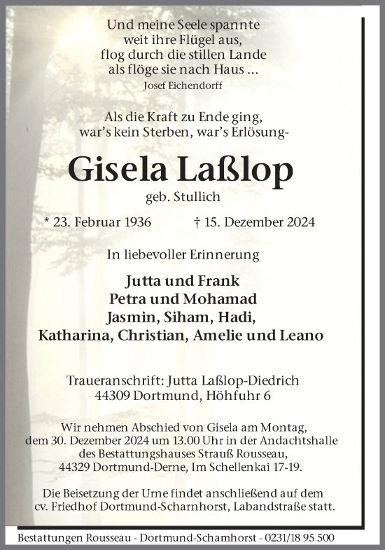 Traueranzeige von Gisela Laßlop von Ruhr Nachrichten