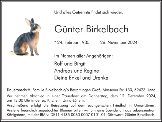 Traueranzeige von Günter Birkelbach von Hellweger Anzeiger