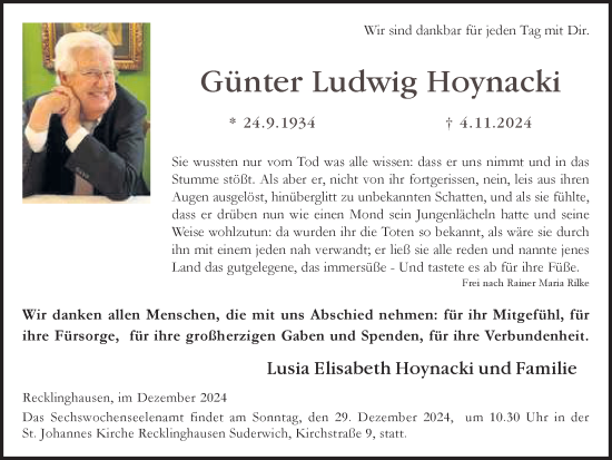 Traueranzeige von Günter Ludwig Hoynacki von Trauer Vest
