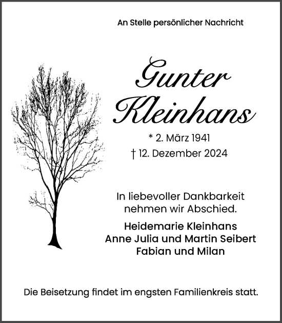 Traueranzeige von Gunter Kleinhans von Ruhr Nachrichten
