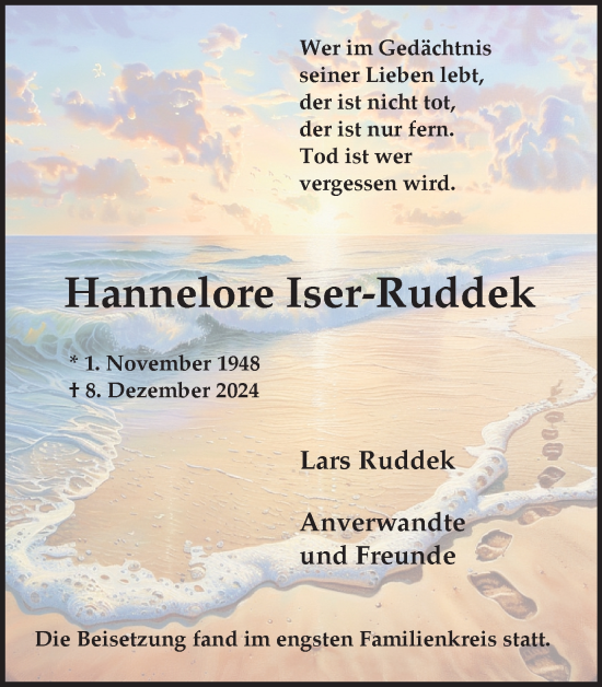 Traueranzeige von Hannelore Iser-Ruddek von Trauer Vest